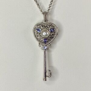 Heart Skeleton Key Locket Necklace Pendant Pearl & Tanzanite Sterling Silver New